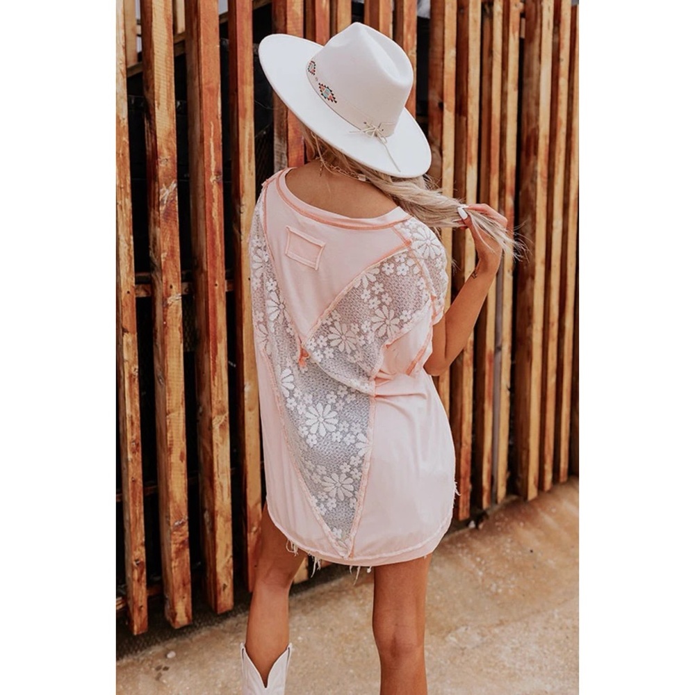 POL Pink Peach Rayon Jersey + Floral Lace Short Sleeve Top Oversized - Picture 11 of 16